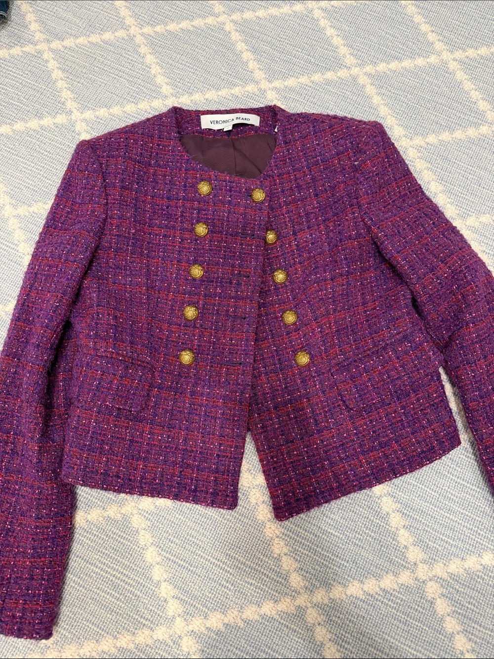Veronica Beard Purple Tweed Double-Breasted Cropped Jacket